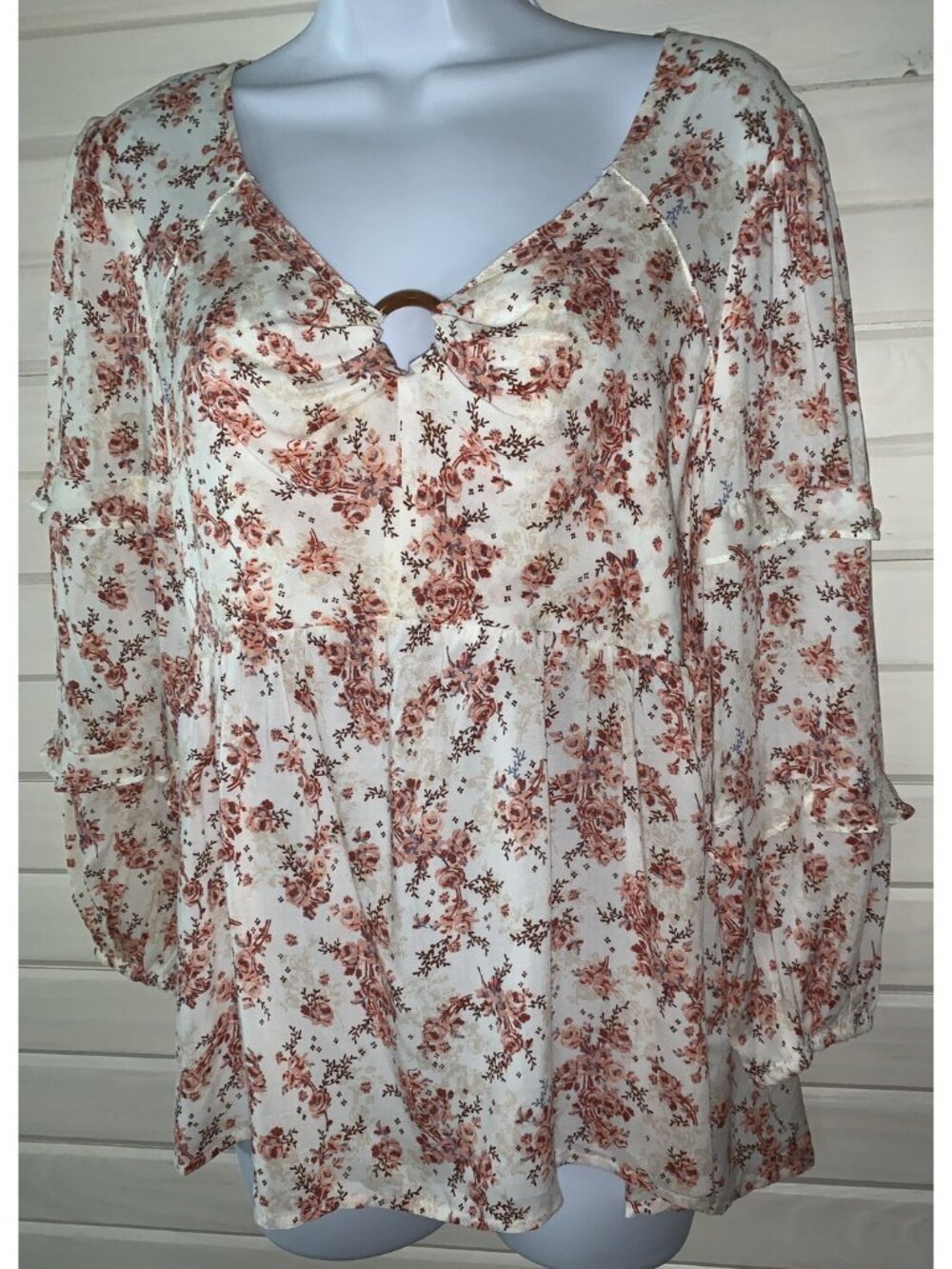 NWT CATO Sz XS Pink Ivory Floral Peasant Blouse Tunic Pullover Top Keyhole Neck